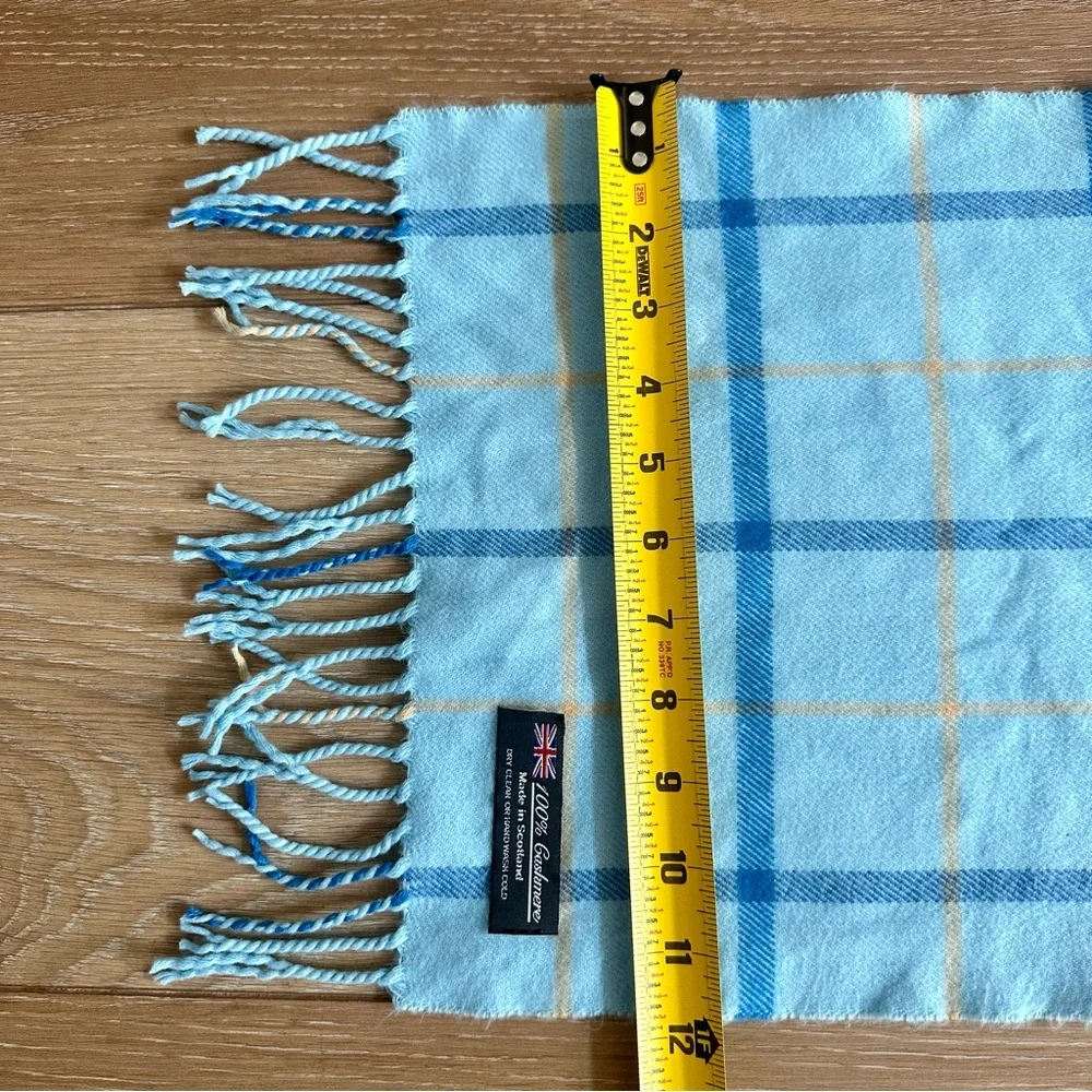 100% Cashmere Mens Scarf Made In Scotland Light Blue Tan Plaid Fringed 63” Lux